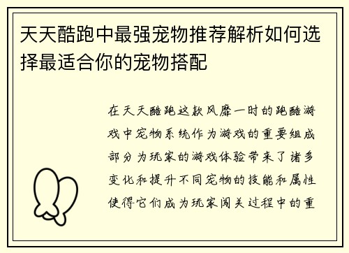 天天酷跑中最强宠物推荐解析如何选择最适合你的宠物搭配
